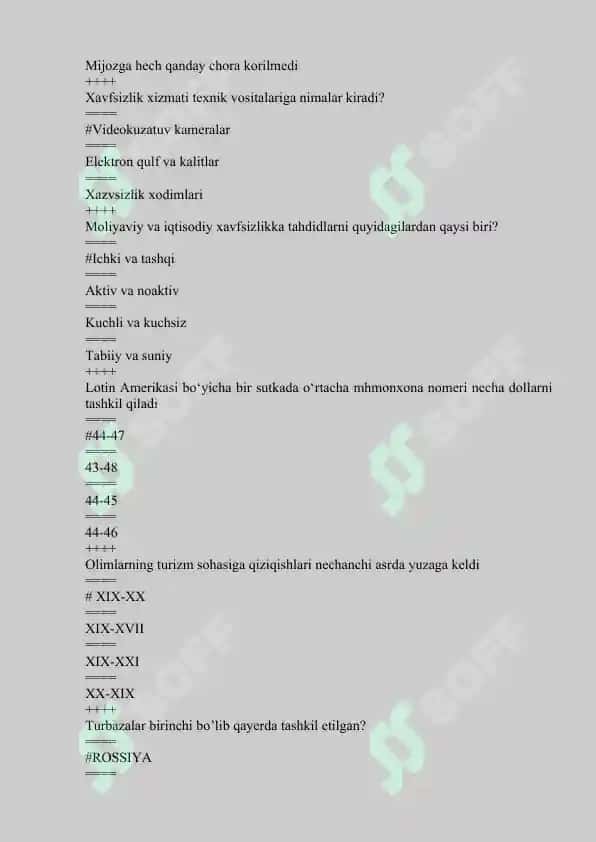 Turizm va mehmonxonada xavfsizlikka oid yakuniy test savollari javoblari bilan 6