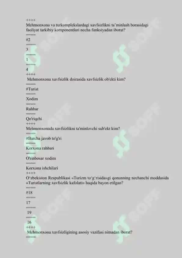 Turizm va mehmonxonada xavfsizlikka oid yakuniy test savollari javoblari bilan 8