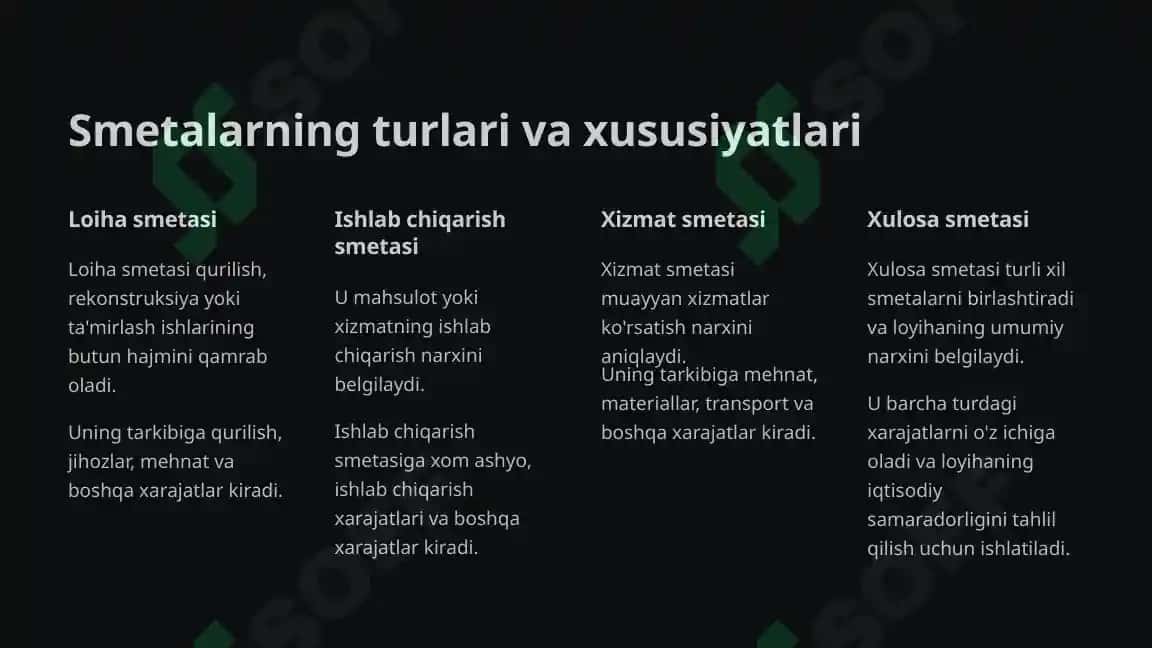 Smetalarni umumlashtirish, bajarilishini nazorat qilish va uni boshqarish 3