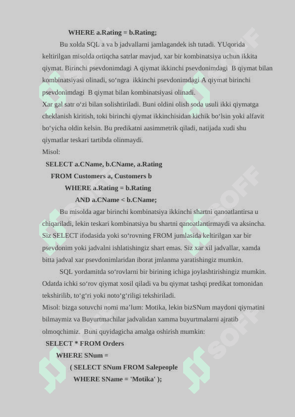 SQL tilida jadvallarni birlashtirish operatorlari unior join xamda SQL tilida guruhli amallar HAVING GROUP BY 4