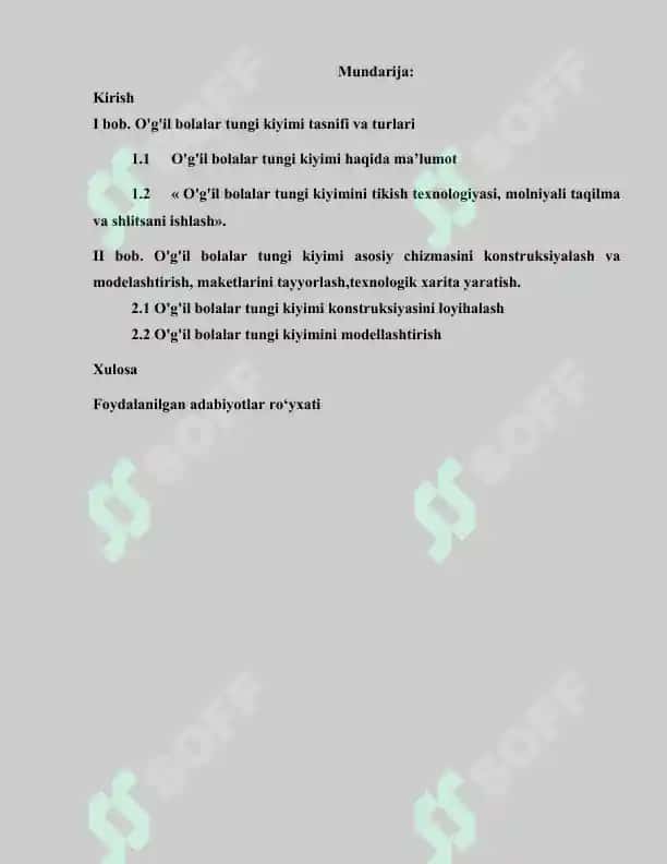 O’g’il bolalar tungi kiyimi asos chizmasini konstryksiyalsh va modellashtirish, maketlarni tayyorlash, texnologik xarita yaratish. 2