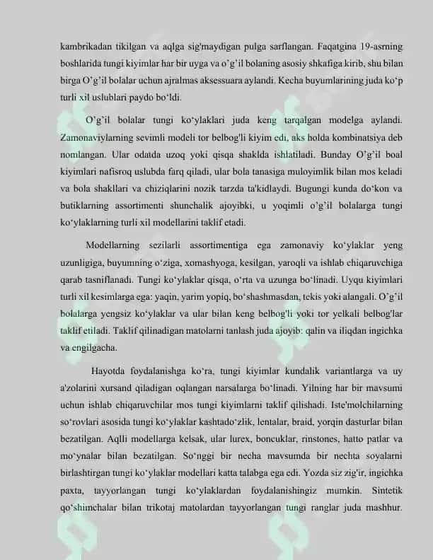 O’g’il bolalar tungi kiyimi asos chizmasini konstryksiyalsh va modellashtirish, maketlarni tayyorlash, texnologik xarita yaratish. 7