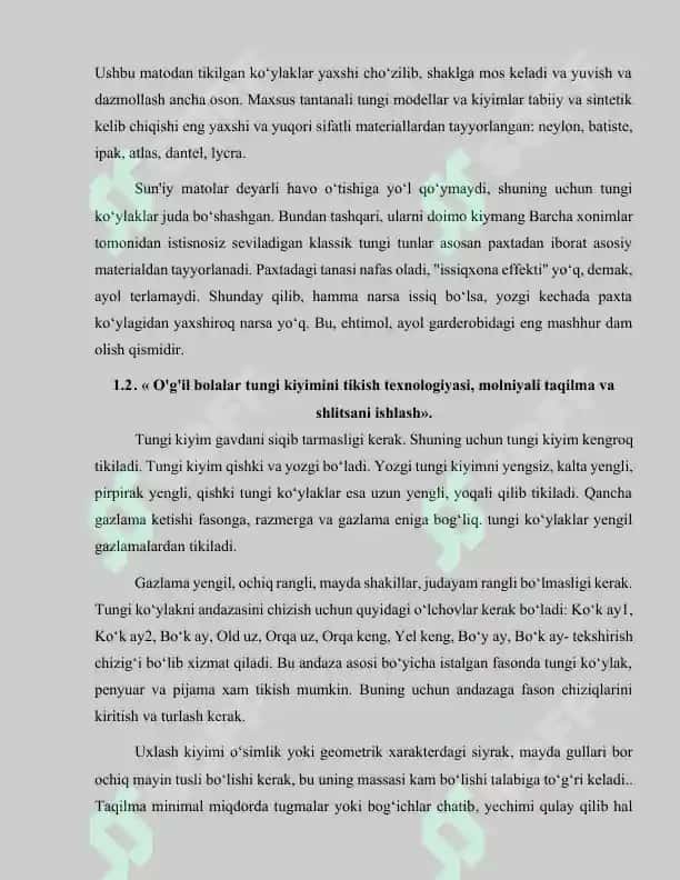 O’g’il bolalar tungi kiyimi asos chizmasini konstryksiyalsh va modellashtirish, maketlarni tayyorlash, texnologik xarita yaratish. 8