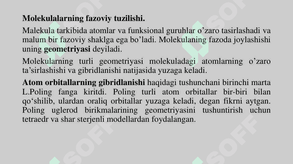 Molekulalarning fazoviy tuzilishi va gibridlanish 3