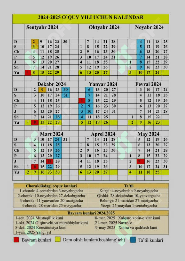 2-Sinf dars rejasi 2024-2025 o'quv yil uchun 4