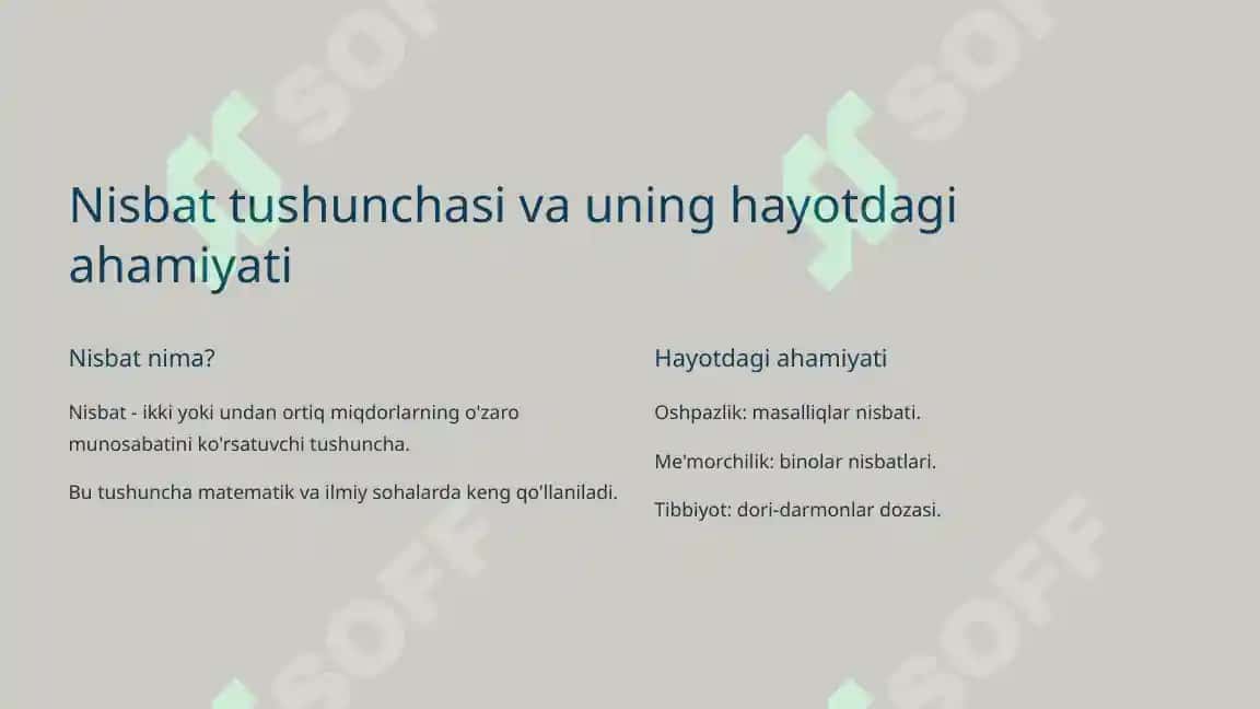 Nisbatlar va kasrlar, matematik tushunchalar asoslari 2