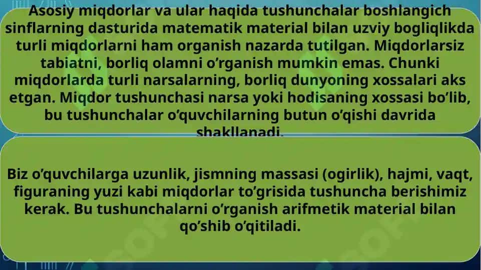 BOSHLANG'ICH SINFLARDA ASOSIY MIQDORLAR VA ULARNING O'LCHOV BIRLIKLARI 2