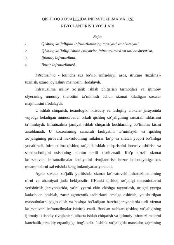 QISHLOQ XO'JALIGIDA INFRATUZILMA VA UNI RIVOJLANTIRISH YO'LLARI