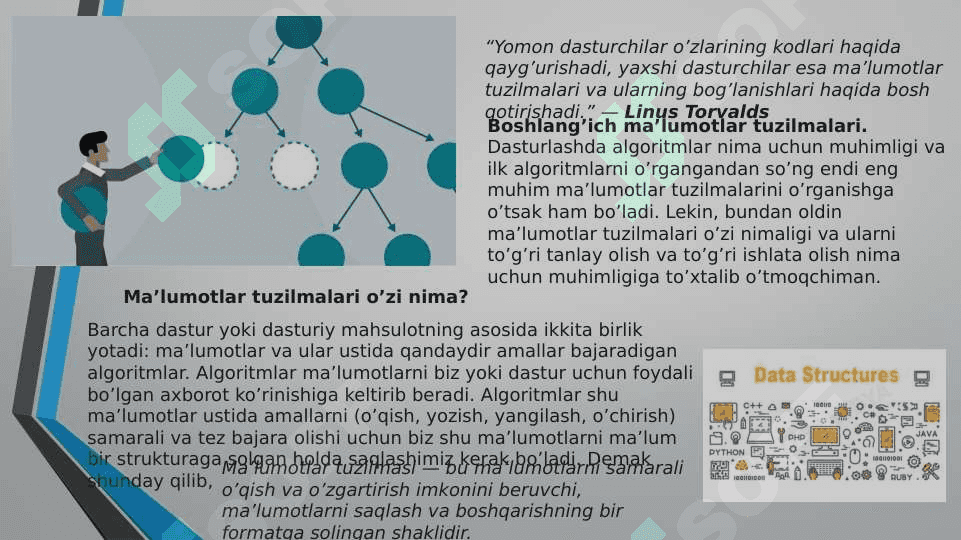 Ma’lumotlar, algoritmlar va ma’lumotlar tuzilmasi tushunchalari. Ma’lumotlarni ifodalash bosgichlari. Ma’lumotlar toifalari. Ma’lumotlarning abstrakt tuzilmasi. 2