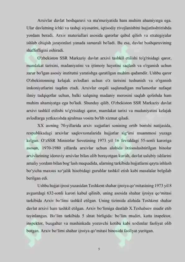 O‘zbekiston SSR Markaziy davlat arxivi tashkil etilishi to'g'risidagi qaror tahlili 5