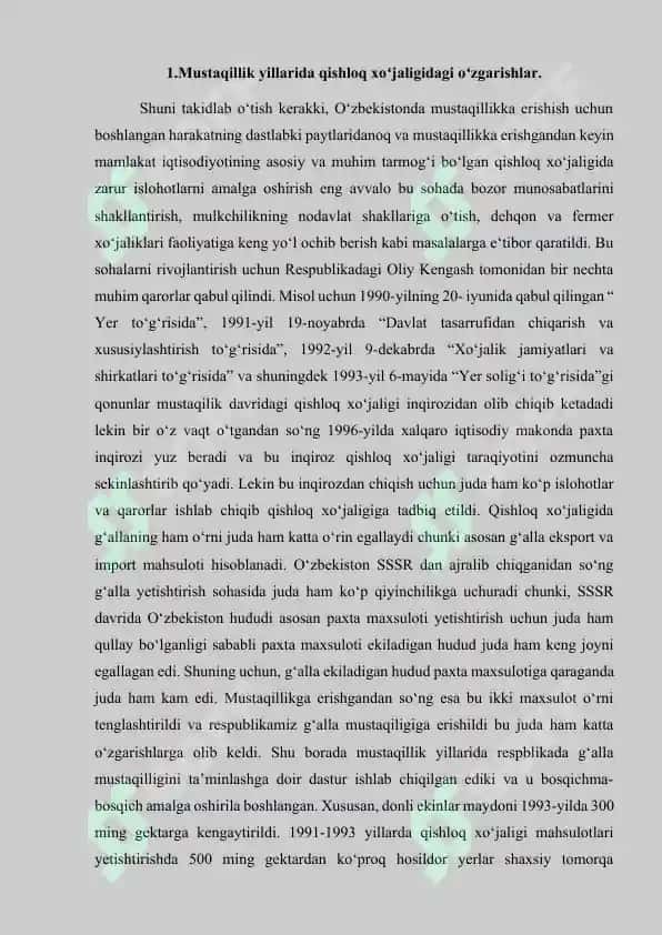 Mustaqillik yillarida qishloq xo‘jaligi va sanoat sohasidagi oʻzgarishlar 3