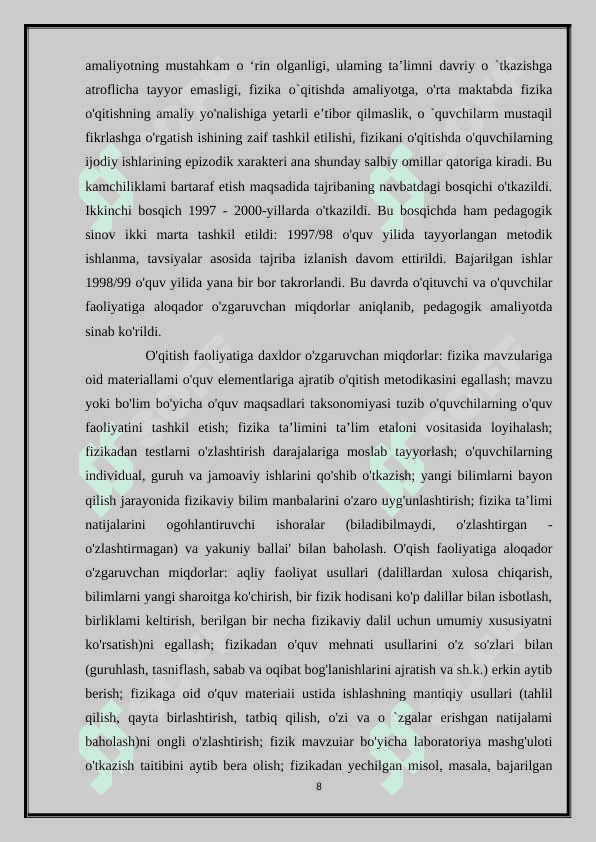 FIZIKANI O’QITISHDA O’QUVCHILAR BILIMINI TEST SAVOLLARI BILAN NAZORAT QILISH 8