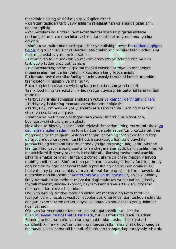 SINFDAN VA MAKTABDAN TASHQARI TARBIYAVIY ISHLARNING MAQSADI VA VAZIFASI. SINFDAN VA MAKTABDAN TASHQARI TARBIYAVIY ISHLARNI TASHKIL QILISHNING NAZARIY ASOSLARI. 2