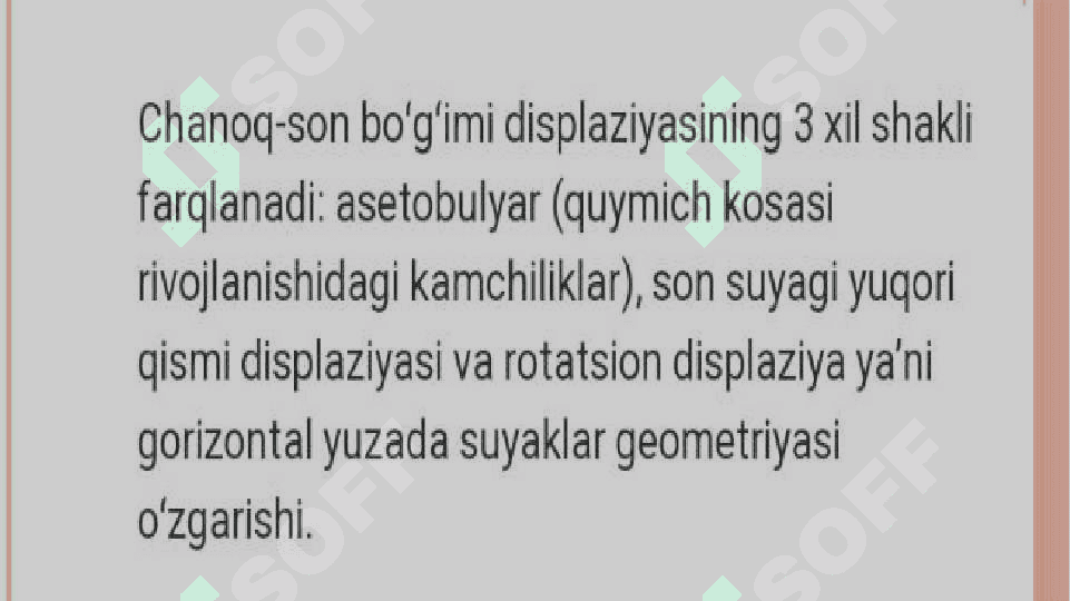 Chanoq-son bo’g’imi displaziyasi. Etiopatogenezi. Klinikasi. Tashxisot. Davolash 4