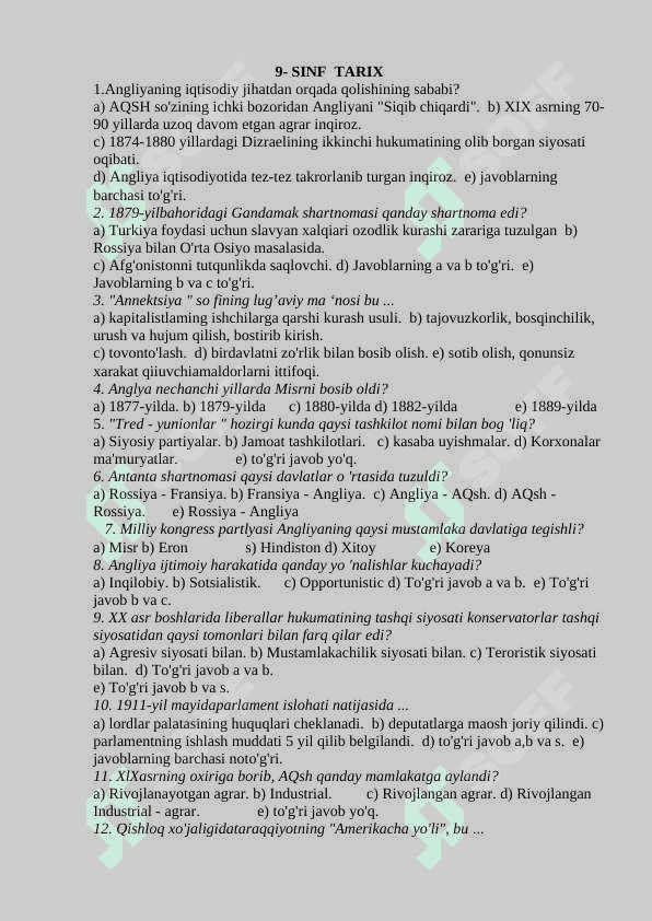 9-sinf tarix 1-4-chorak (Javoblari bilan)+ 3