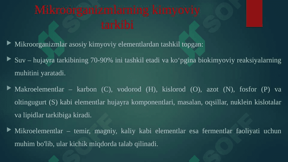 Mikroorganizmlar fiziologiyasi. Mikroorganizmlarning modda almashinuvi. Kimyoviy tarkibi va oziqlanishi 3