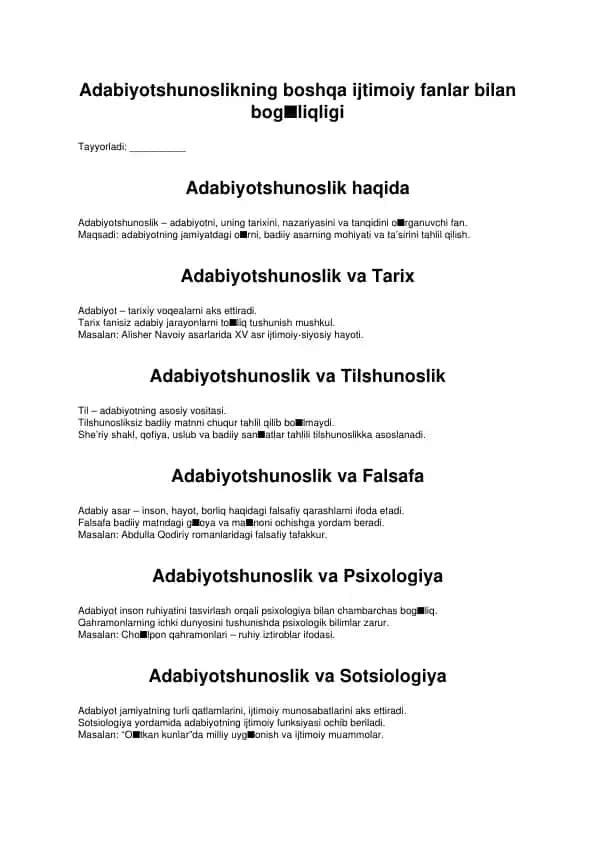 Adabiyotshunoslikning boshqa ijtimoiy fanlar bilan bog'liqliği 1