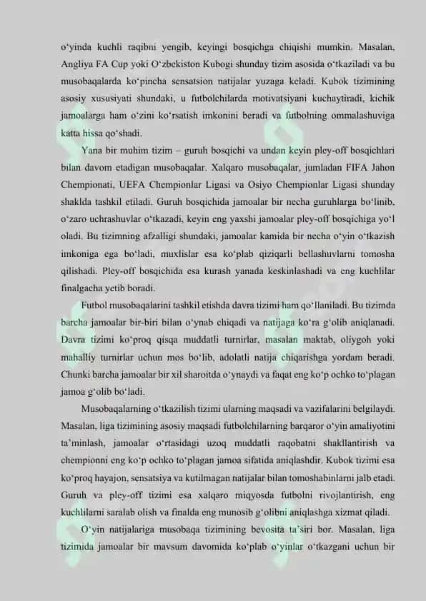 FUTBOL MUSOBAQALARINING OʻTKAZILISH TIZIMLARI. ULARNING MAQSADI VA VAZIFALARI. OʻYIN NATIJALARIGA TAʻSIR ETISH JIHATLARI. 3