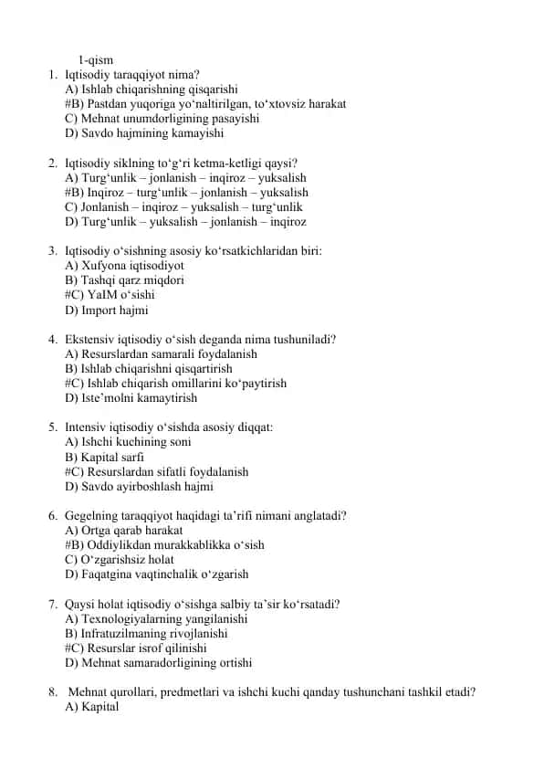 iqtisodiyot 30 tali test savollari