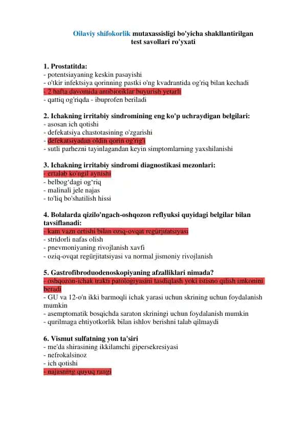 Argos test baza UASH- Oilaviy shifokorlar uchun (javobi bilan)