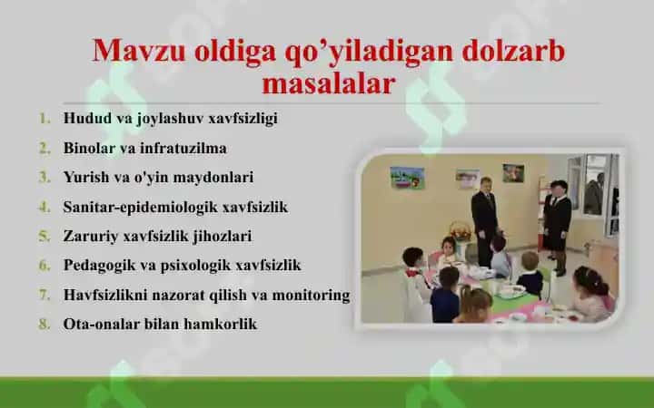 Maktabgacha ta'lim tashkiloti maydonlariga qo'yiladigan xavfsizlik talablari 2