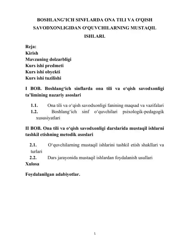 Boshlangích sinflarda ona tili va o'qish savodxonligidan o'quvchilarning mustaqil ishlari