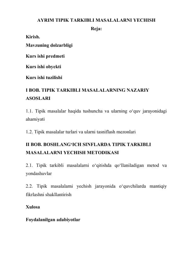 Ayrim tipik tarkibli masalalarni yechish