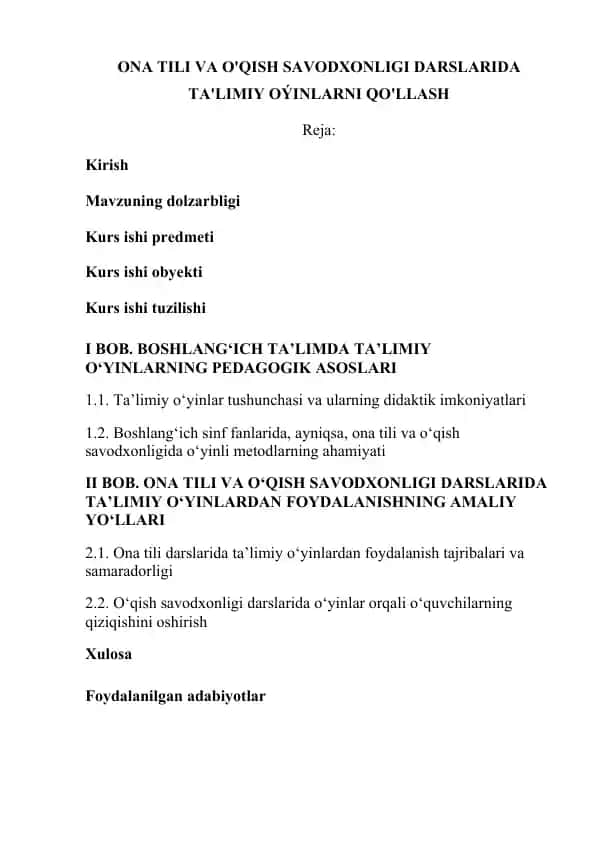 ona tili va o'qish savodxonligi darslarida ta'limiy oýinlarni qo'llash