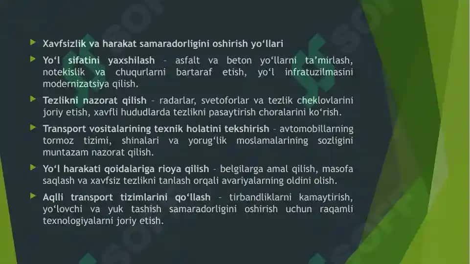 Avtomobil harakat tezligi va yo'l holati 5
