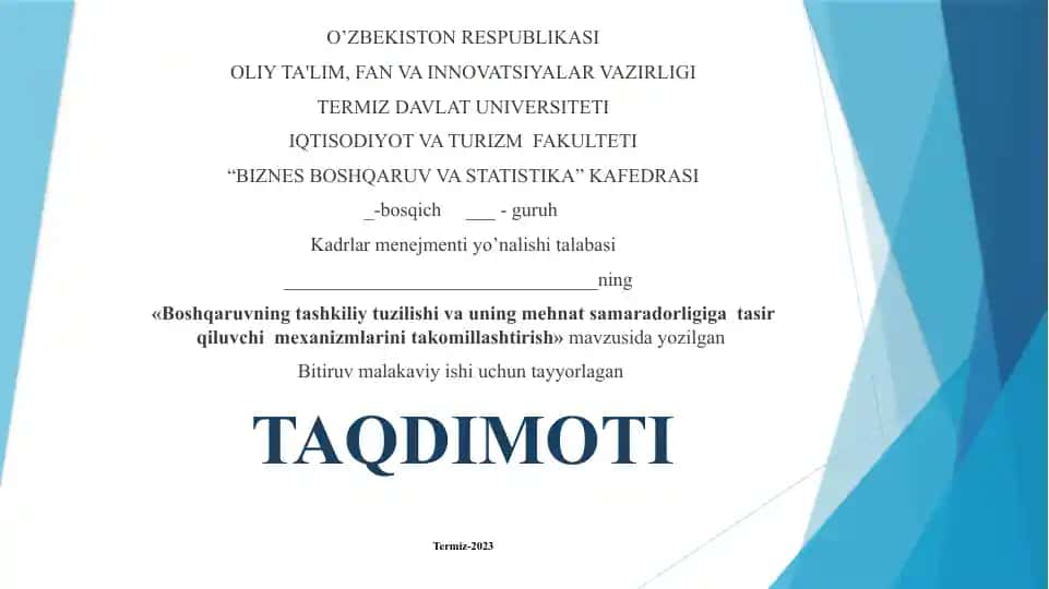 Boshqaruvning tashkiliy tuzilishi va uning mehnat samaradorligiga  tasir qiluvchi  mexanizmlarini takomillashtirish