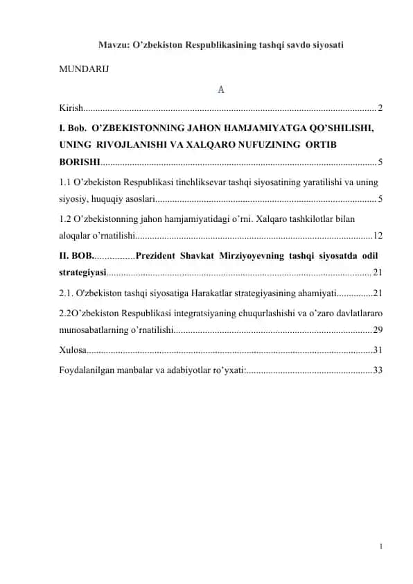 O’zbekiston Respublikasining tashqi savdo siyosati