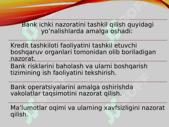 ICHKI BANK NAZORATI VA  UNI TAKOMILLASHTIRISH 8