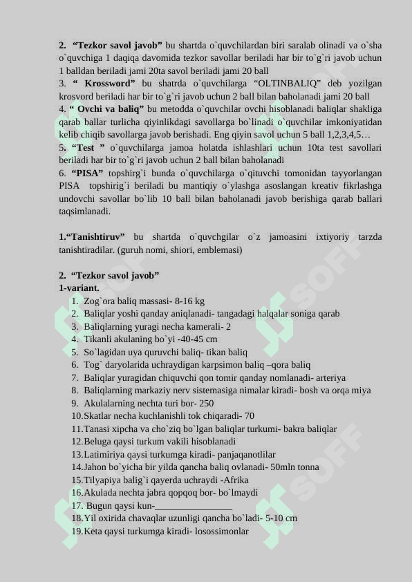 ”Oltin baliq” shiori ostida o`tkazilgan tadbir senariysi 2