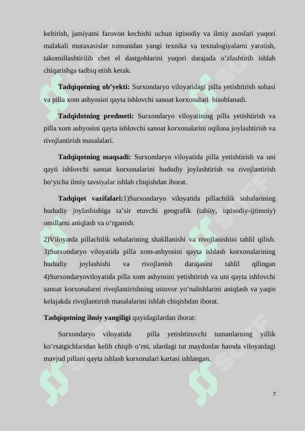 SURXONDARYO VILOYATIDA PILLA YETISHTIRISH VA UNI QAYTA ISHLASH SOHALARINI RIVOJLANTIRISH MASALALARI” 7