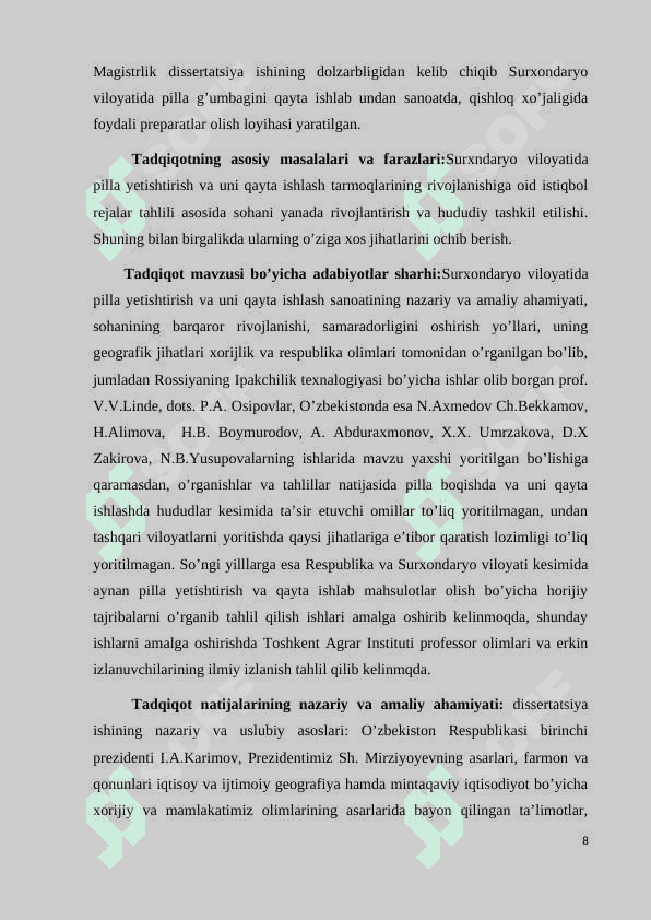 SURXONDARYO VILOYATIDA PILLA YETISHTIRISH VA UNI QAYTA ISHLASH SOHALARINI RIVOJLANTIRISH MASALALARI” 8