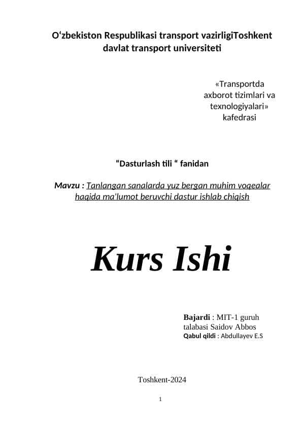 Tanlangan sanalarda yuz bergan muhim voqealar haqida ma'lumot beruvchi dastur ishlab chiqish