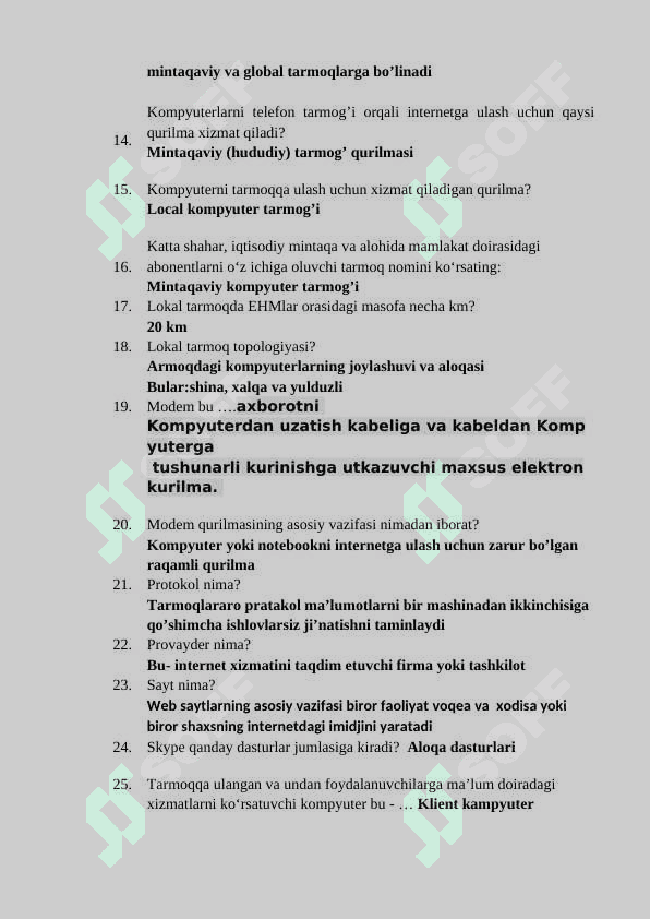 Komputer test savollari javoblari bilan 2