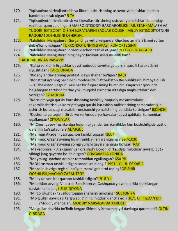 Òzbekiston tarixi test savollari va javoblari bilan 8