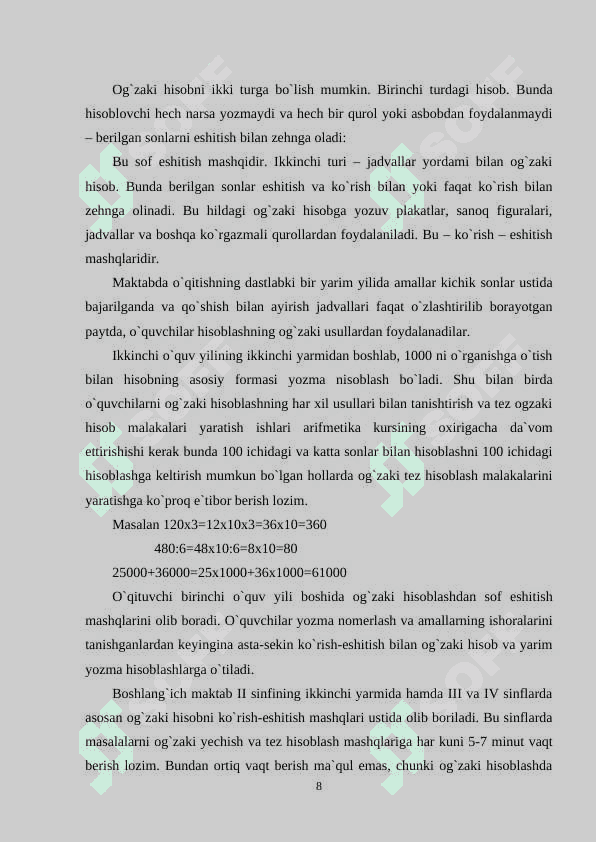 Uchinchi sinfda matematikadan oʻgʻzaki va yozma hisoblashga doir 8