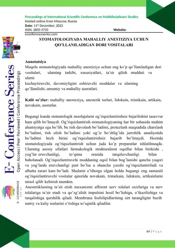 STOMATOLOGIYA DAMAHALLIY ANESTIZIYA UCHUN QO’LLANILADIGAN DORIVOSITALARI
