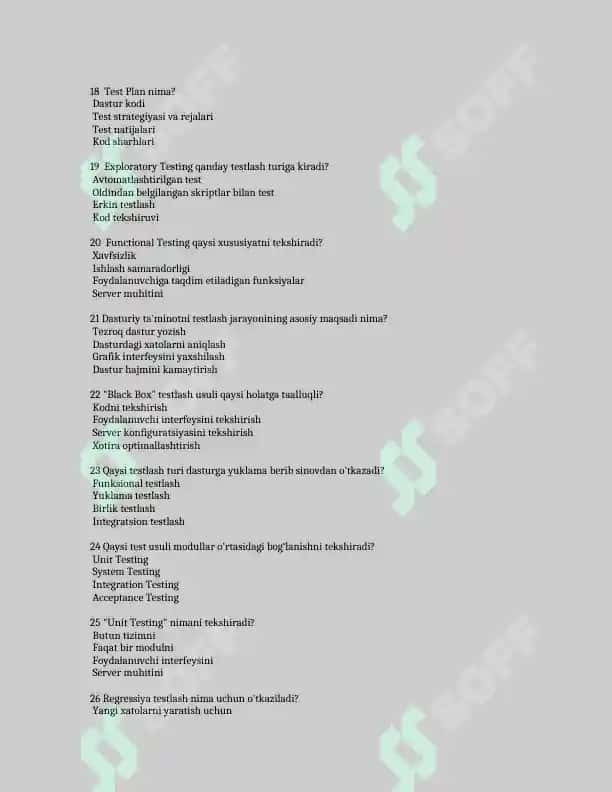Dasturiy Ta'minotni Testlash Fanidan Test Savollari 3