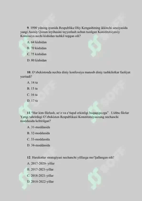 Yangi tahrirdagi O’zbekiston Respublikasi konstitutsiyasi fanidan test 3