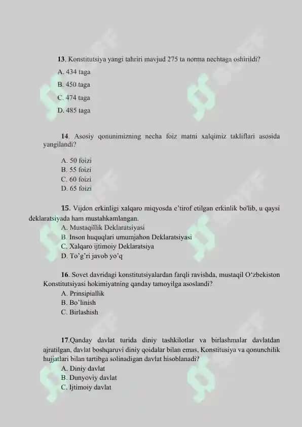 Yangi tahrirdagi O’zbekiston Respublikasi konstitutsiyasi fanidan test 4