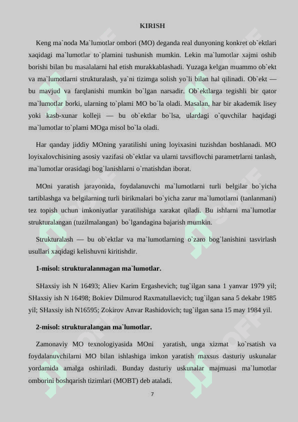 MA’LUMOTLAR OMBORI VA UNI  BOSHQARISH TIZIMLARI 7