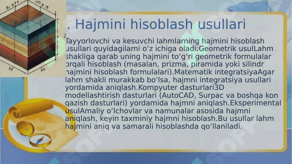 tayyorlovchi va kesuvchi kon lahmlarining hajmini hisoblash hamda rejalash 4