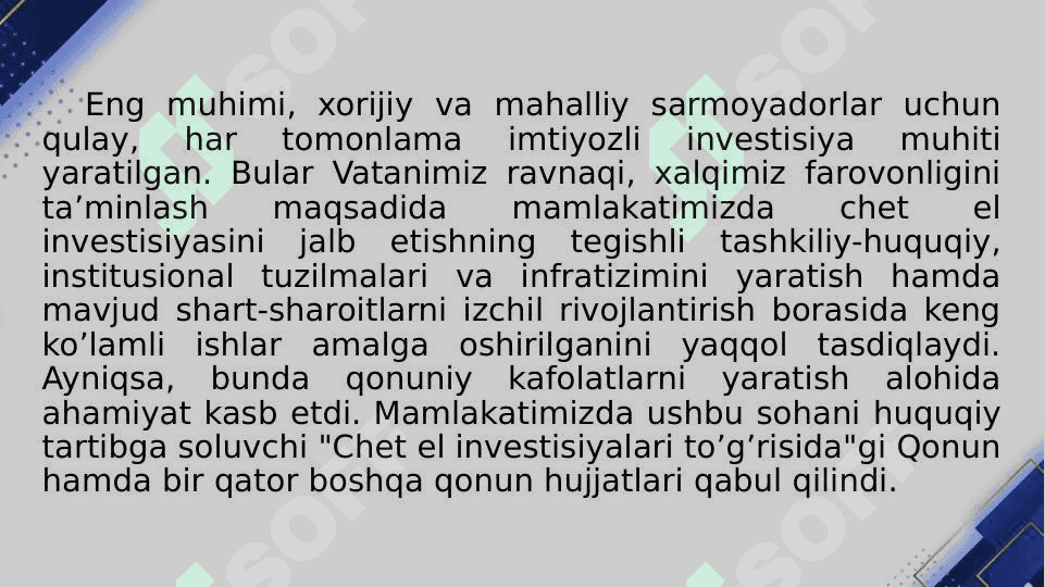 Xorijiy investorlar huquqiy holatining o’ziga xos xususiyatlari 6
