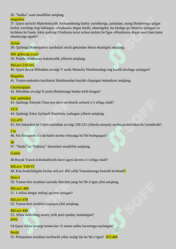 Jahon tarixi test savollari va javoblari bilan 3