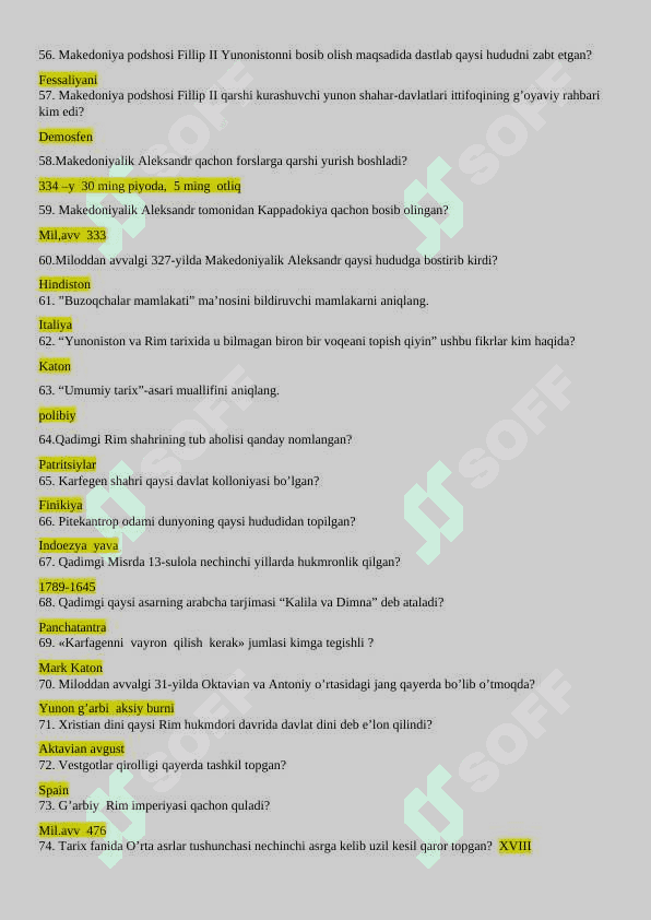 Jahon tarixi test savollari va javoblari bilan 4