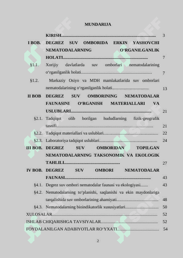 DEGREZ SUV OMBORIDA ERKIN  YASHOVCHI NEMATODALARNING FAUNASI VA EKOLOGIYASI 2