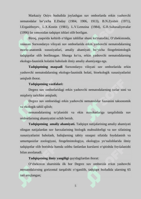 DEGREZ SUV OMBORIDA ERKIN  YASHOVCHI NEMATODALARNING FAUNASI VA EKOLOGIYASI 5